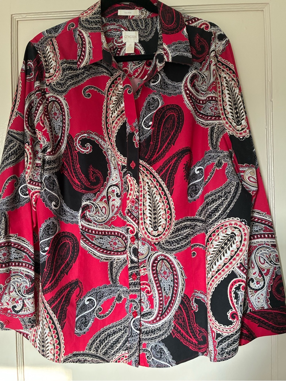 Chico's Red and Black Paisley Button-Up Top Size 4